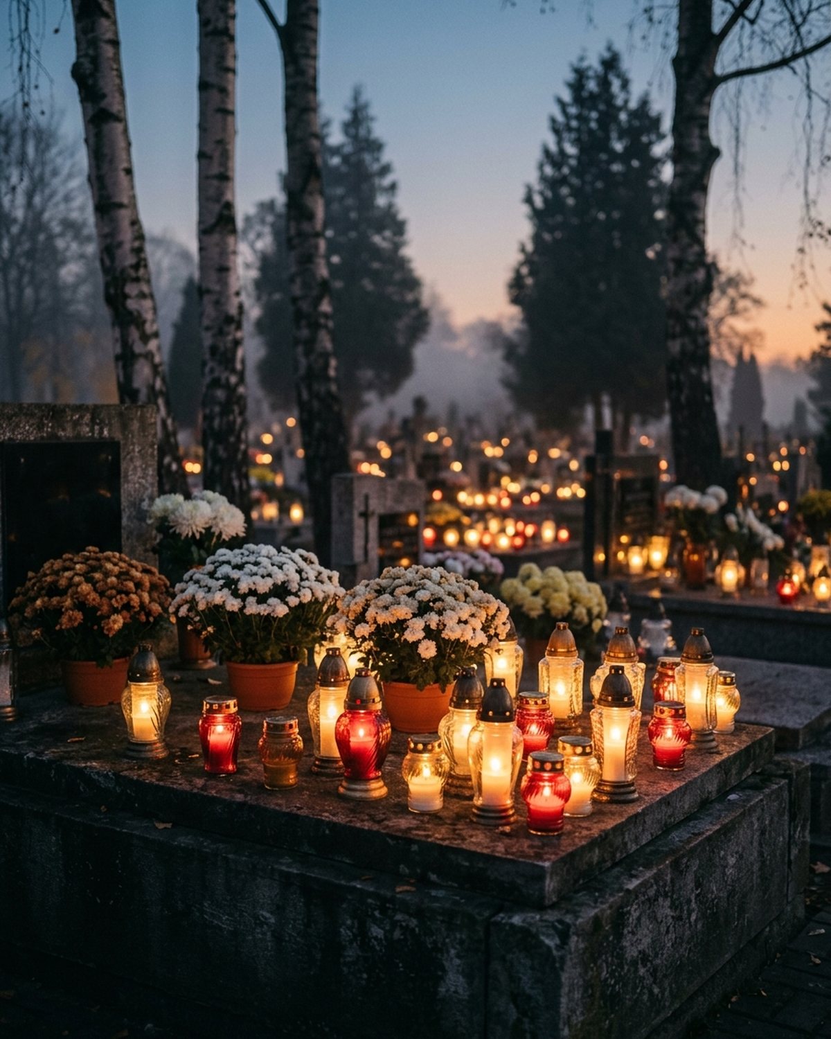 Kamienny nagrobek o zmierzchu, pełen zniczy w czerwonym i przezroczystym szkle, z doniczkami chryzantem; w tle brzozy i światła cmentarza.