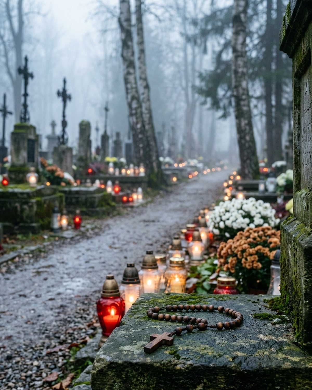 Mglisty listopadowy poranek na cmentarzu: alejka między grobami ze zniczami i chryzantemami, brzozy we mgle, na omszałym kamieniu leży drewniany różaniec.